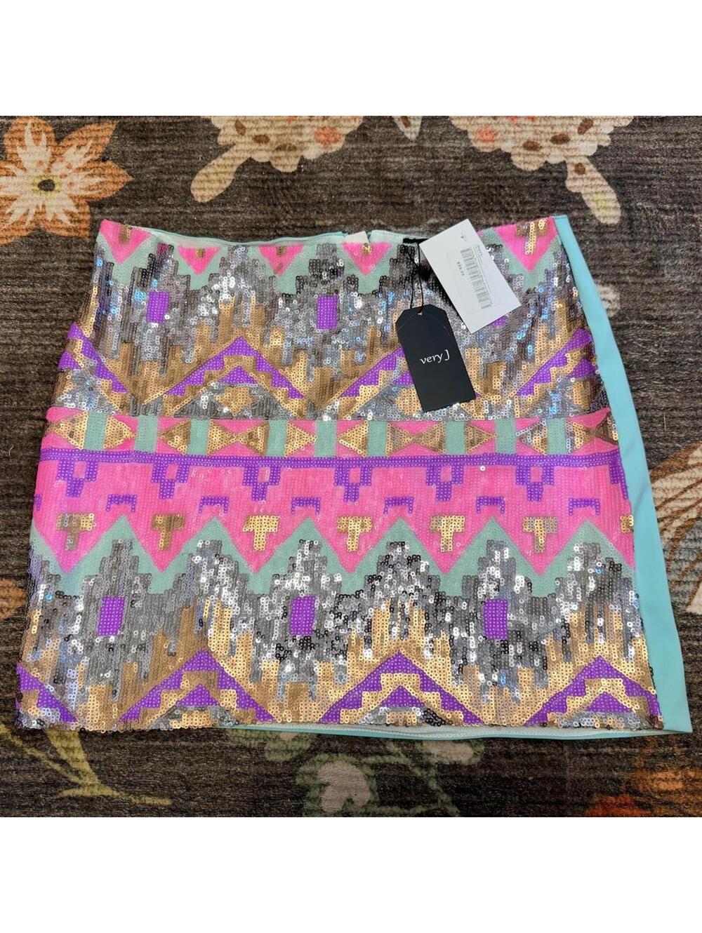 Very J Sequin Aztec Mini Skirt NWT Size Large Festival Y2K Boho